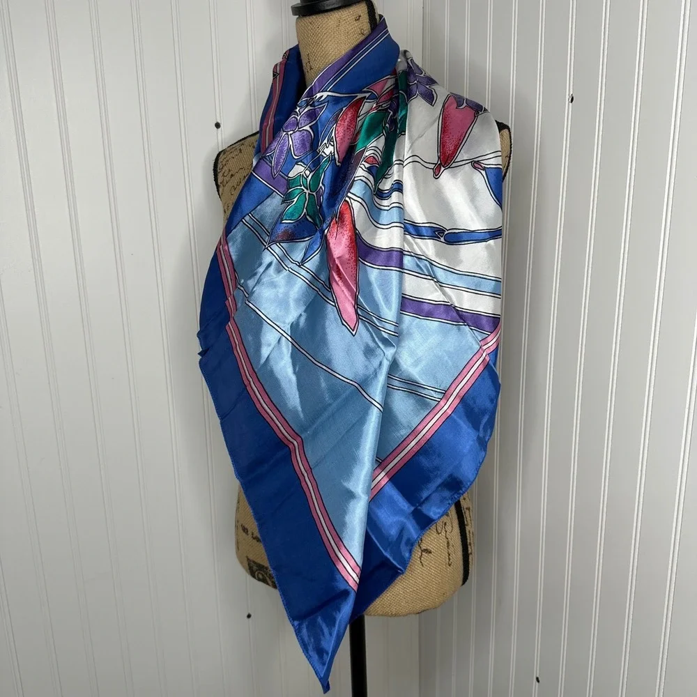 Vintage Blue Floral Satin Square Scarf Large Orchid Print 80s 90s Art Deco 36